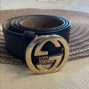 Black Gucci Leather Belt with Gold Buckle